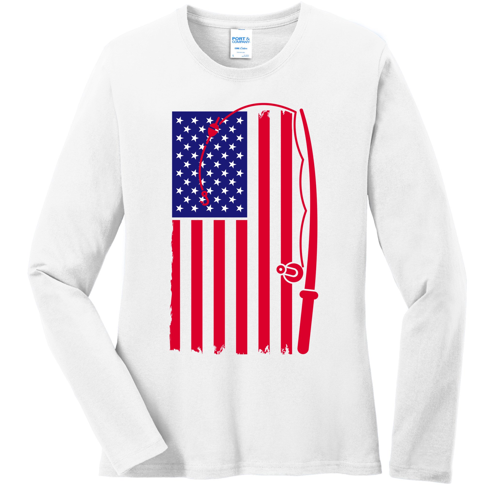 American Fishing Rod & Hook Flag Ladies Long Sleeve Shirt