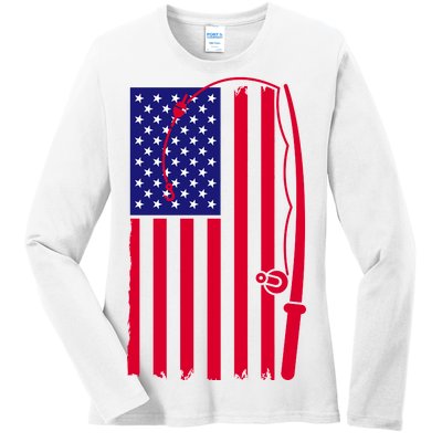 American Fishing Rod & Hook Flag Ladies Long Sleeve Shirt