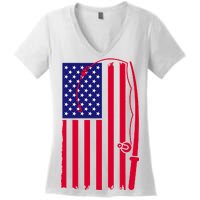 American Fishing Rod & Hook Flag Women's V-Neck T-Shirt