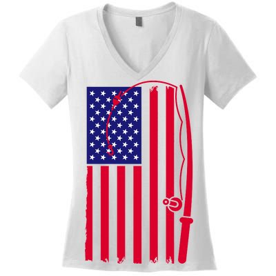 American Fishing Rod & Hook Flag Women's V-Neck T-Shirt