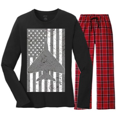 American Flag Airplane Pilot Women's Long Sleeve Flannel Pajama Set 