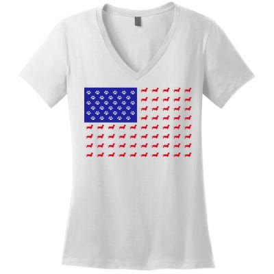 American Flag Dachshund Dog Women's V-Neck T-Shirt