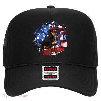 American Flag Dachshund Dog Cool High Crown Mesh Back Trucker Hat