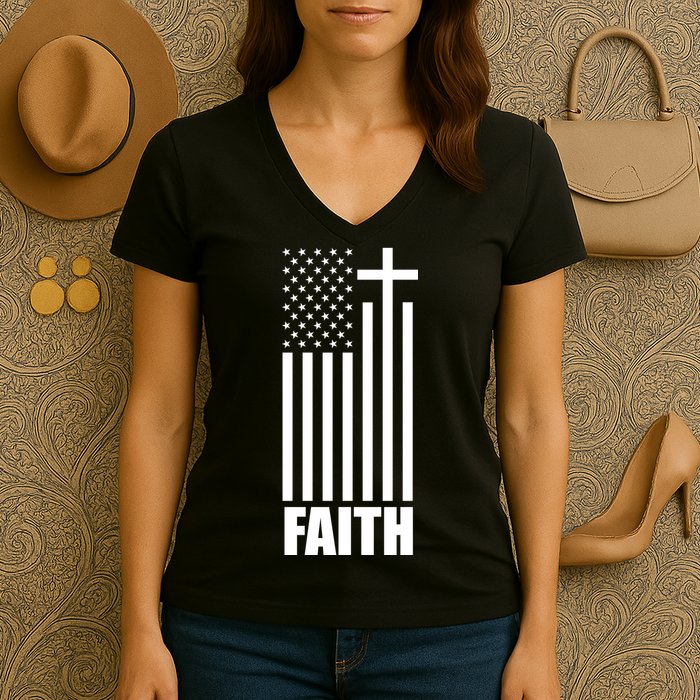 American Flag Faith Cross Women's V-Neck T-Shirt