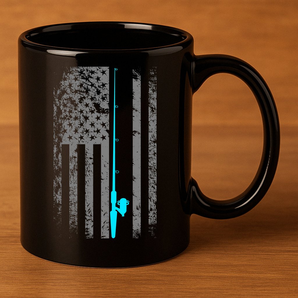 American Flag Fishing Pole 11oz C Handle Ceramic Mug
