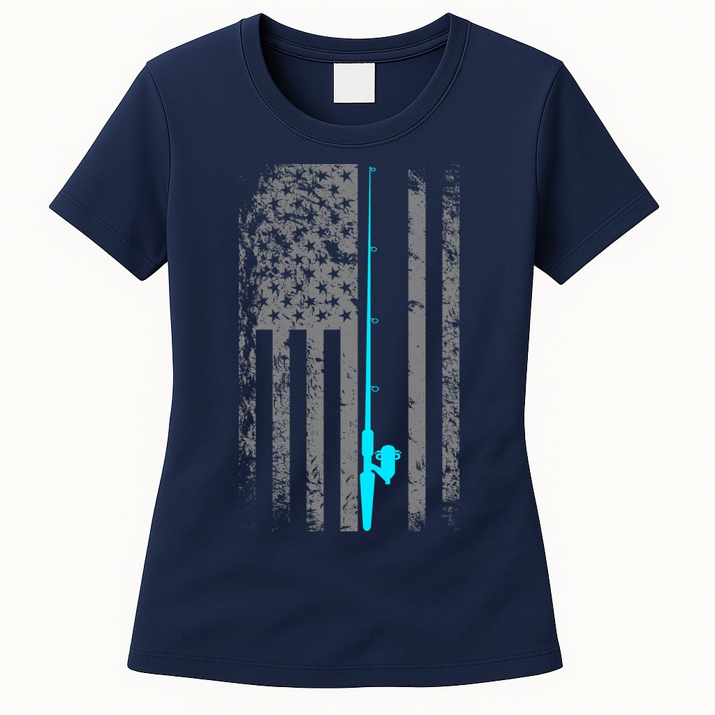 American Flag Fishing Pole Womens T-Shirt