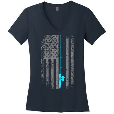American Flag Fishing Pole Women's V-Neck T-Shirt