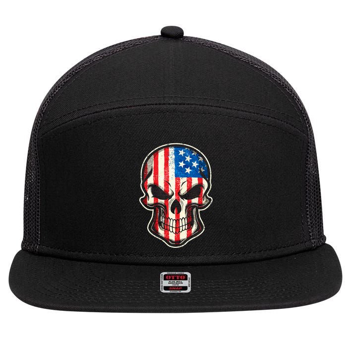 American Flag Human Skull 7 Panel Mesh Trucker Snapback Hat