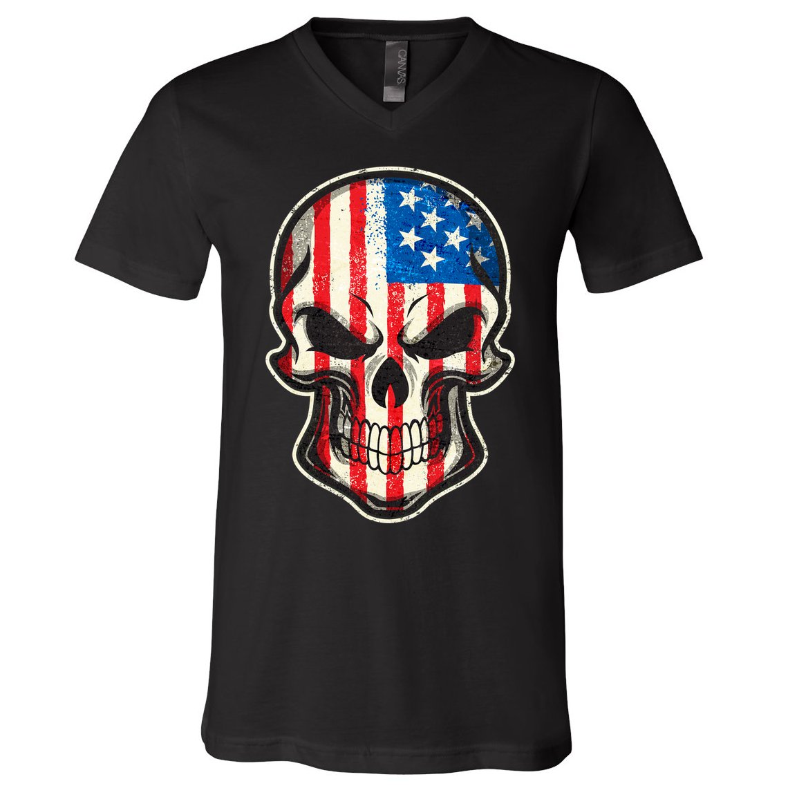 American Flag Human Skull V-Neck T-Shirt