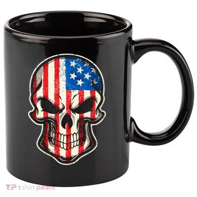American Flag Human Skull 11oz C Handle Ceramic Mug