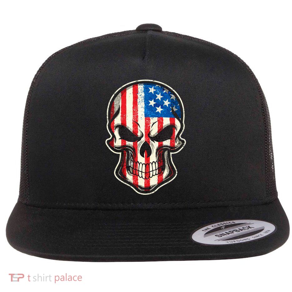 American Flag Human Skull Flat Bill Trucker Hat