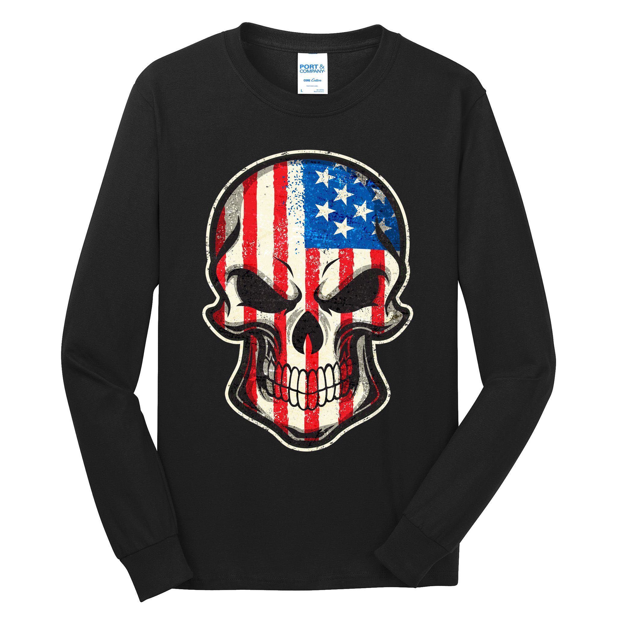 American Flag Human Skull Tall Long Sleeve T-Shirt