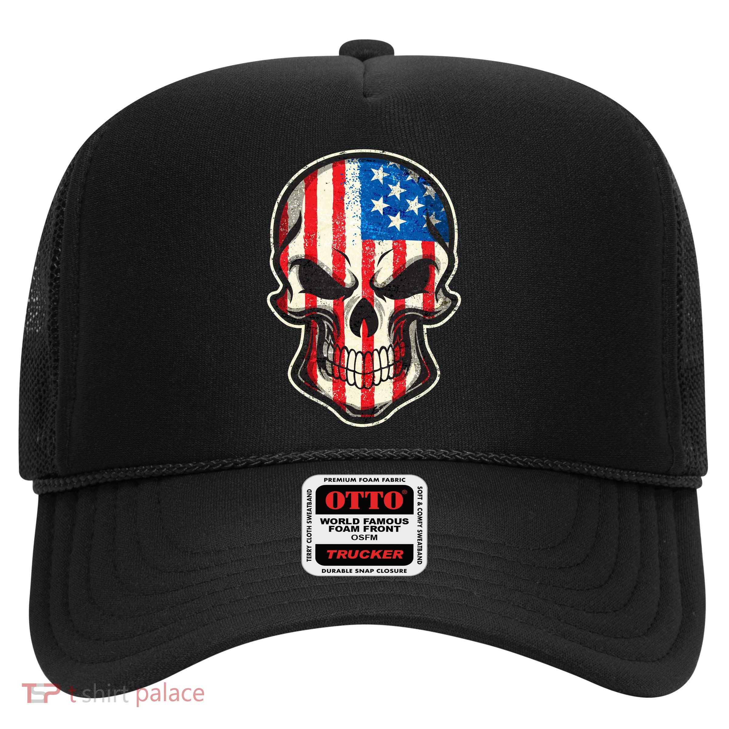 American Flag Human Skull Trucker Hat