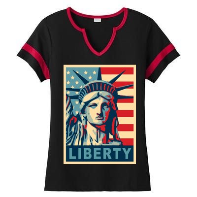 American Flag Statue Of Liberty Ladies Halftime Notch Neck Tee