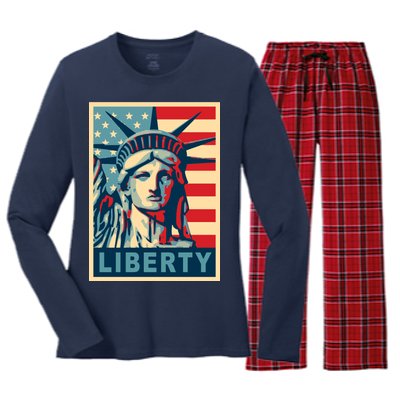 American Flag Statue Of Liberty Women's Long Sleeve Flannel Pajama Set 