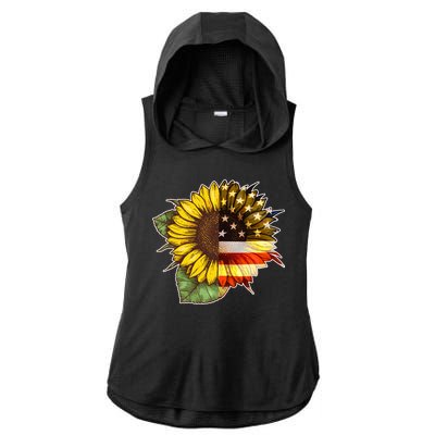 American Flag Sunflower Ladies PosiCharge Tri-Blend Wicking Draft Hoodie Tank