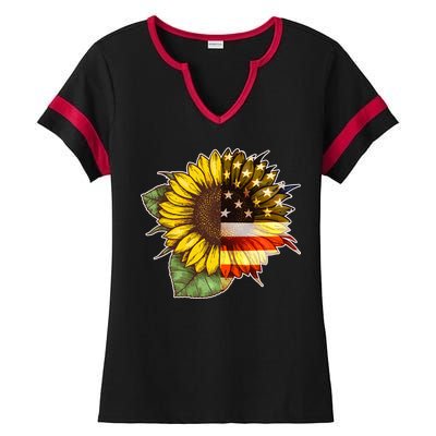 American Flag Sunflower Ladies Halftime Notch Neck Tee