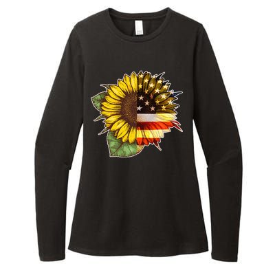 American Flag Sunflower Womens CVC Long Sleeve Shirt