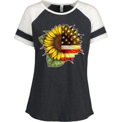 American Flag Sunflower Enza Ladies Jersey Colorblock Tee