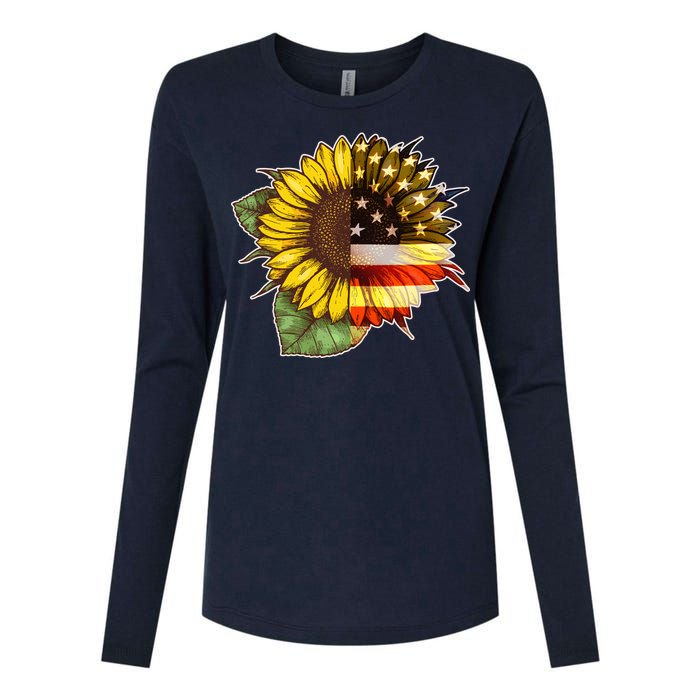 American Flag Sunflower Womens Cotton Relaxed Long Sleeve T-Shirt