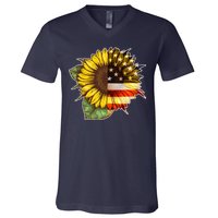 American Flag Sunflower V-Neck T-Shirt