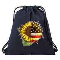 American Flag Sunflower Drawstring Bag