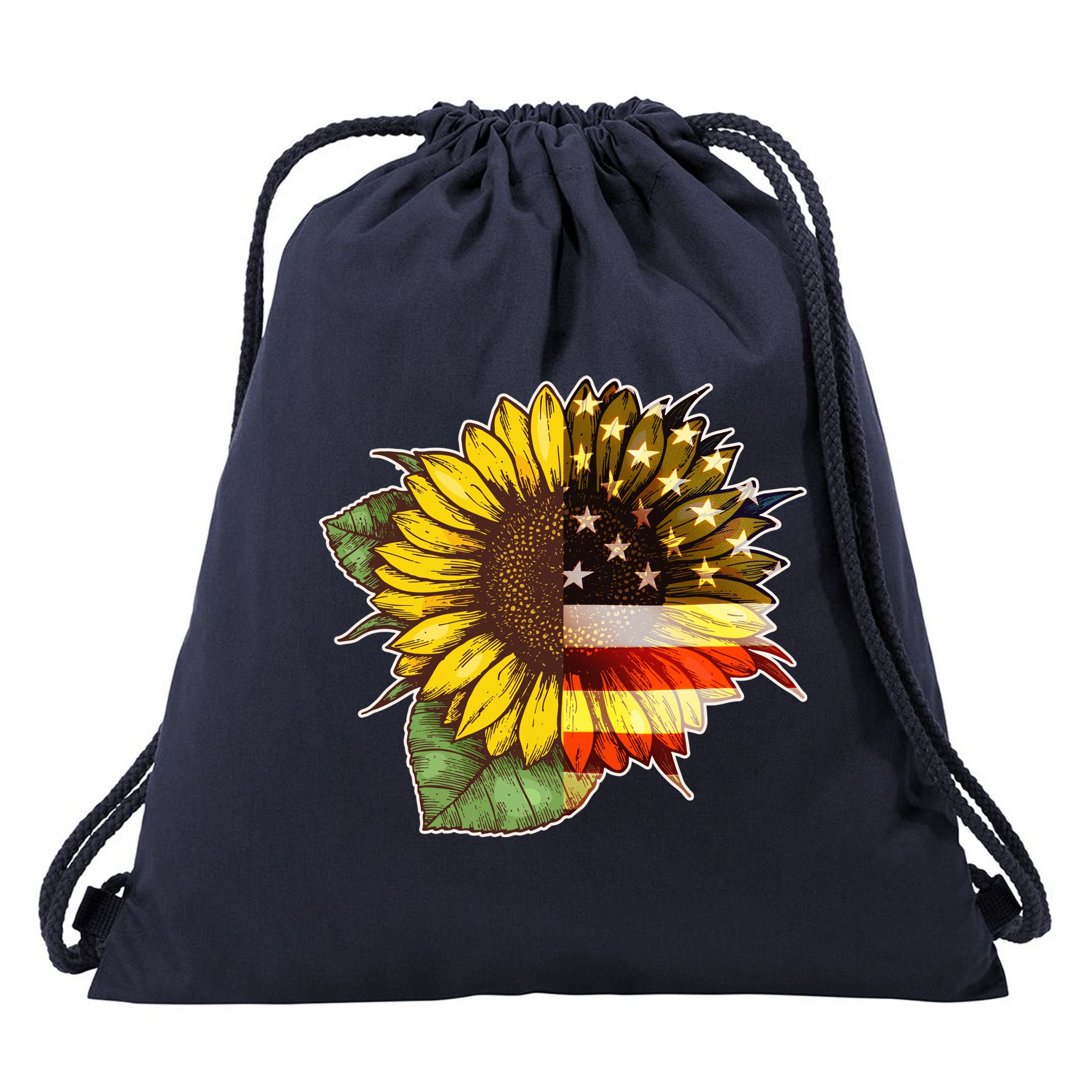 American Flag Sunflower Drawstring Bag