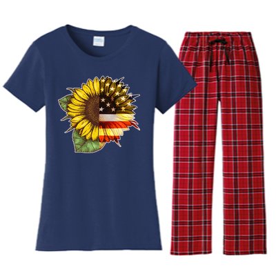 American Flag Sunflower Women's Flannel Pajama Set