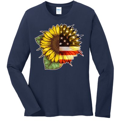 American Flag Sunflower Ladies Long Sleeve Shirt