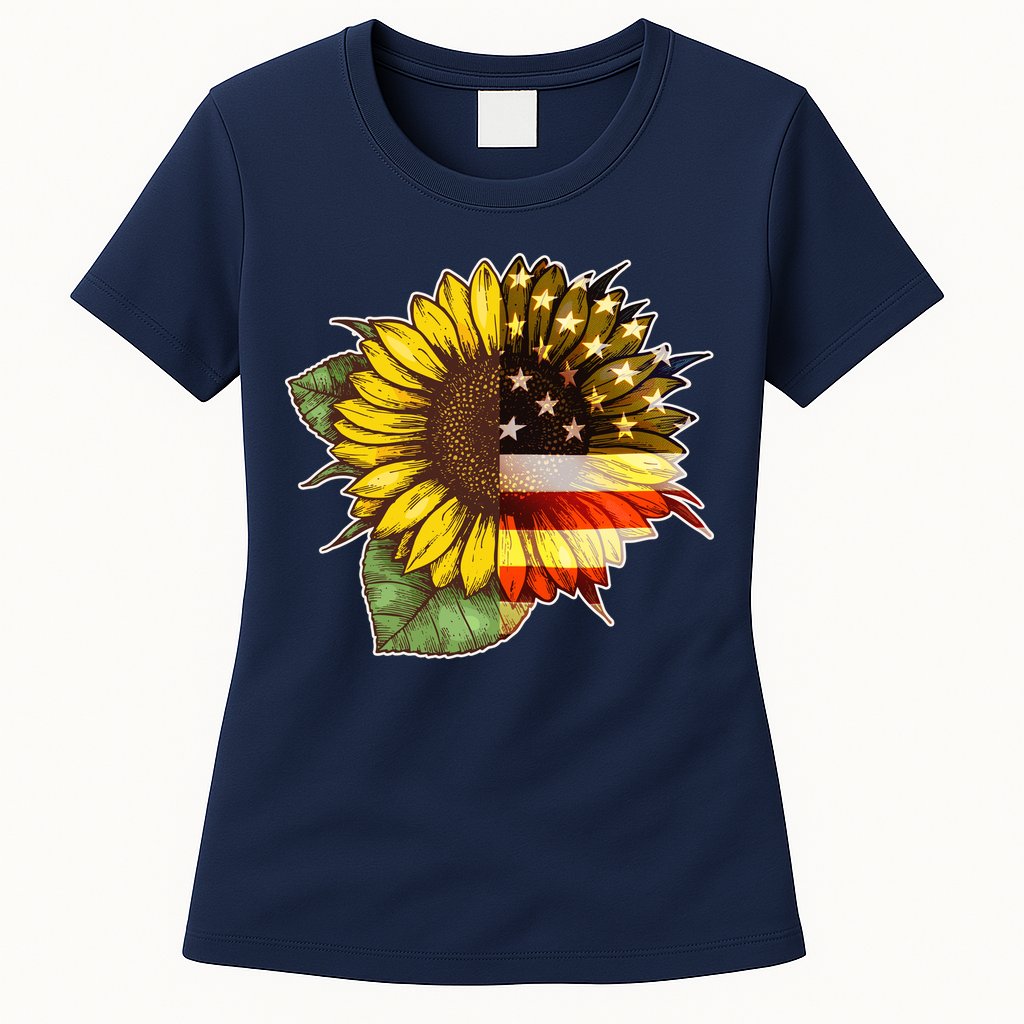 American Flag Sunflower Womens T-Shirt