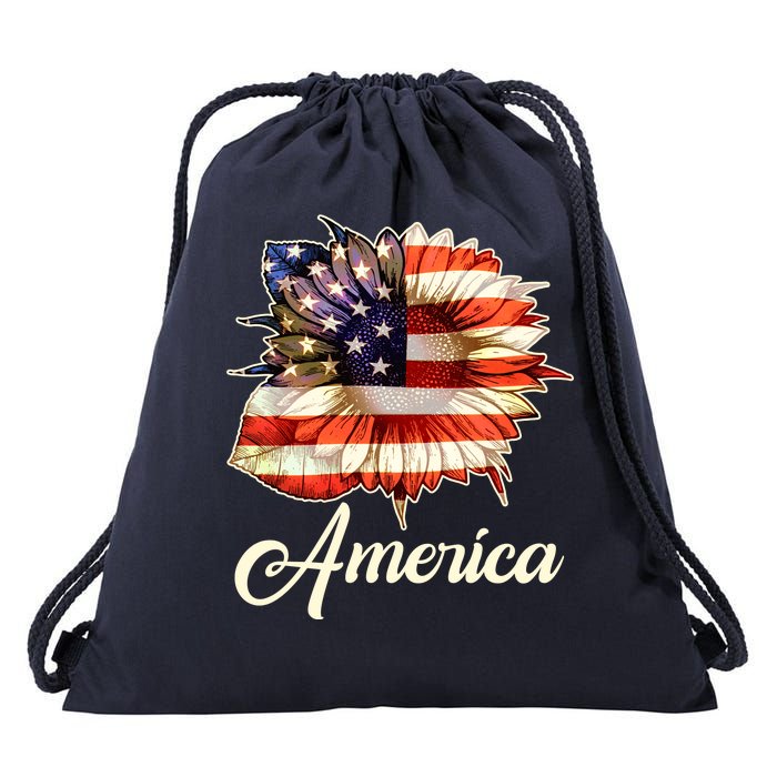 American Flag Sunflower USA Drawstring Bag