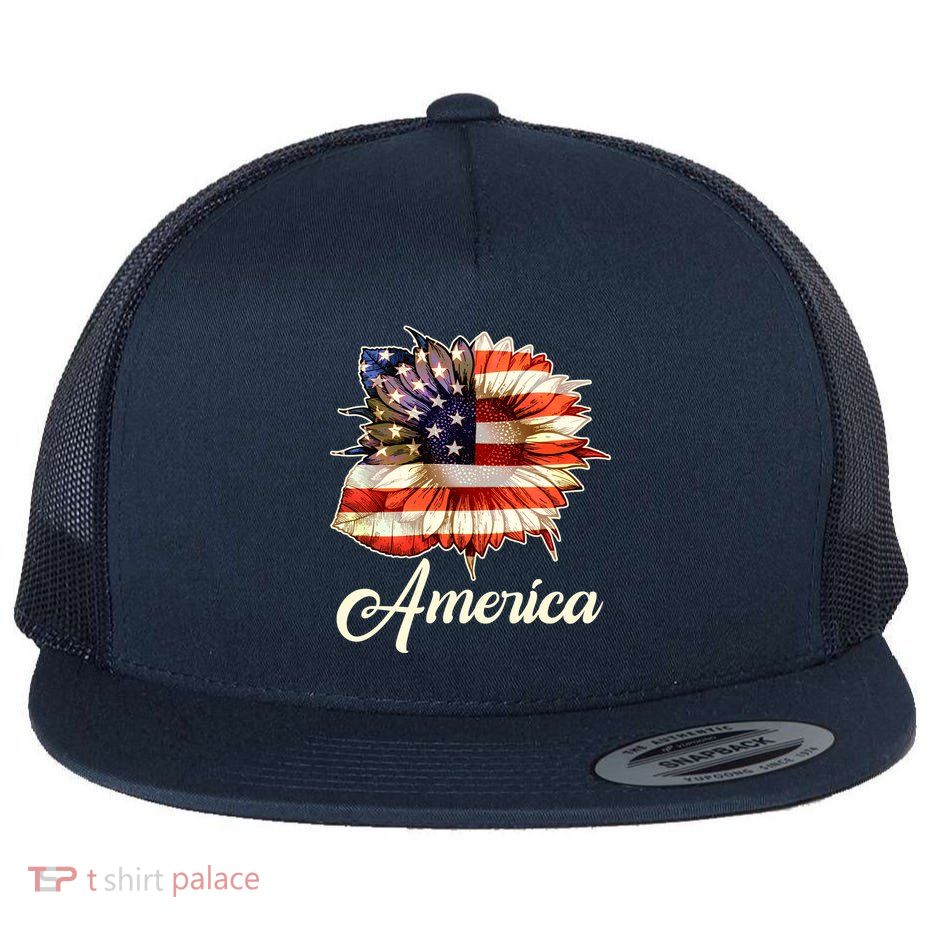 American Flag Sunflower USA Flat Bill Trucker Hat