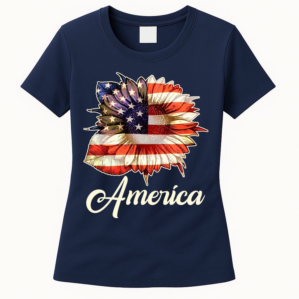 American Flag Sunflower USA Womens T-Shirt