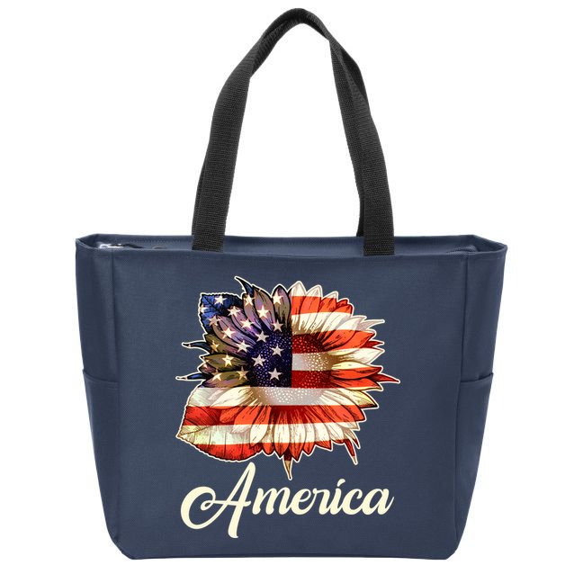 American Flag Sunflower USA Zip Tote Bag