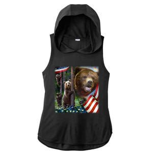 American Grizzly American Flag Bear Family Ladies PosiCharge Tri-Blend Wicking Draft Hoodie Tank