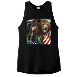 American Grizzly American Flag Bear Family Ladies PosiCharge Tri-Blend Wicking Tank