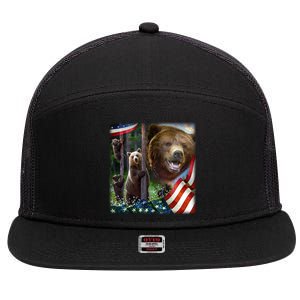 American Grizzly American Flag Bear Family 7 Panel Mesh Trucker Snapback Hat