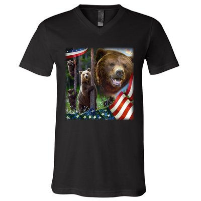 American Grizzly American Flag Bear Family V-Neck T-Shirt