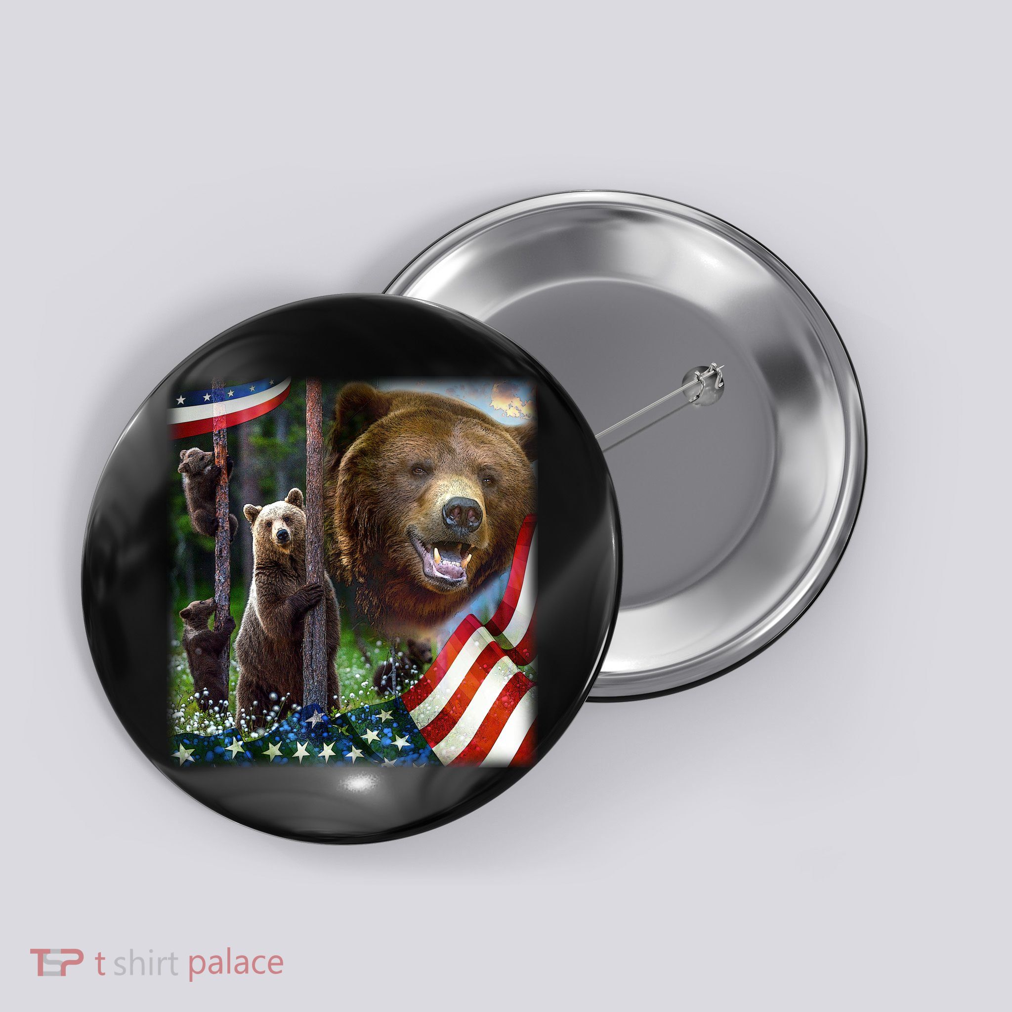 American Grizzly American Flag Bear Family Button