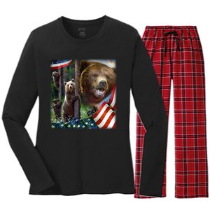 American Grizzly American Flag Bear Family Women's Long Sleeve Flannel Pajama Set 