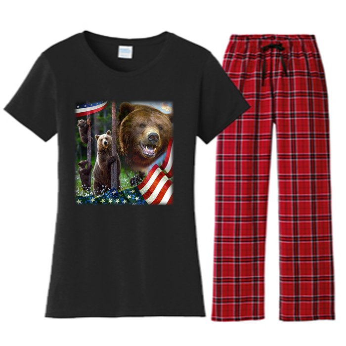 American Grizzly American Flag Bear Family Women's Flannel Pajama Set