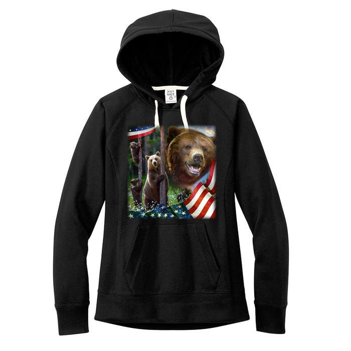 American Grizzly American Flag Bear Family Women's Fleece Hoodie