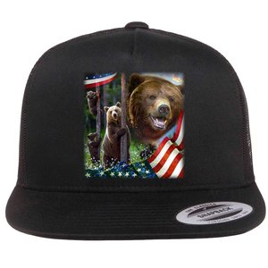 American Grizzly American Flag Bear Family Flat Bill Trucker Hat