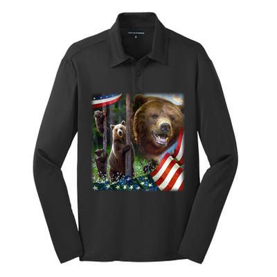 American Grizzly American Flag Bear Family Silk Touch Performance Long Sleeve Polo