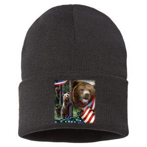 American Grizzly American Flag Bear Family Sustainable Knit Beanie