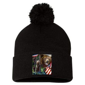 American Grizzly American Flag Bear Family Pom Pom 12in Knit Beanie