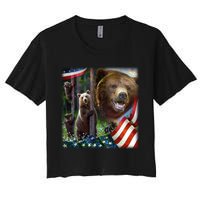 American Grizzly American Flag Bear Family Women's Crop Top Tee