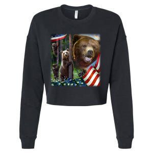 American Grizzly American Flag Bear Family Cropped Pullover Crew