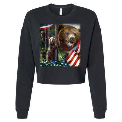 American Grizzly American Flag Bear Family Cropped Pullover Crew