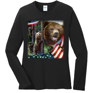 American Grizzly American Flag Bear Family Ladies Long Sleeve Shirt